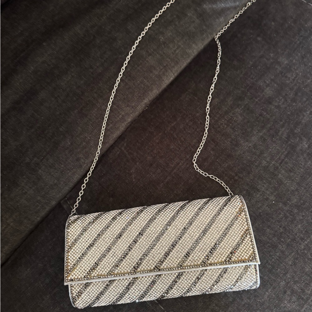 Silver and Black Envelope Clutch with Chain Strap